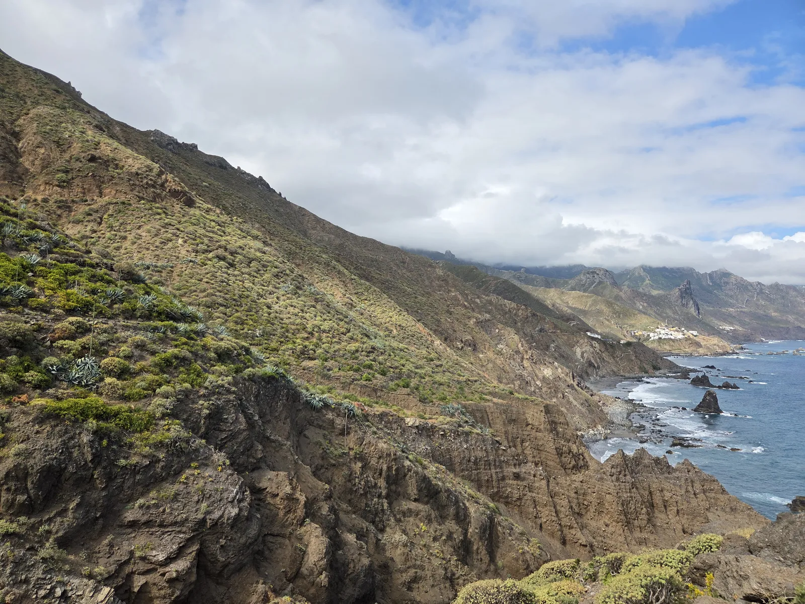 Steep coastal mountains and offshore rocks along Anaga’s northern coastline