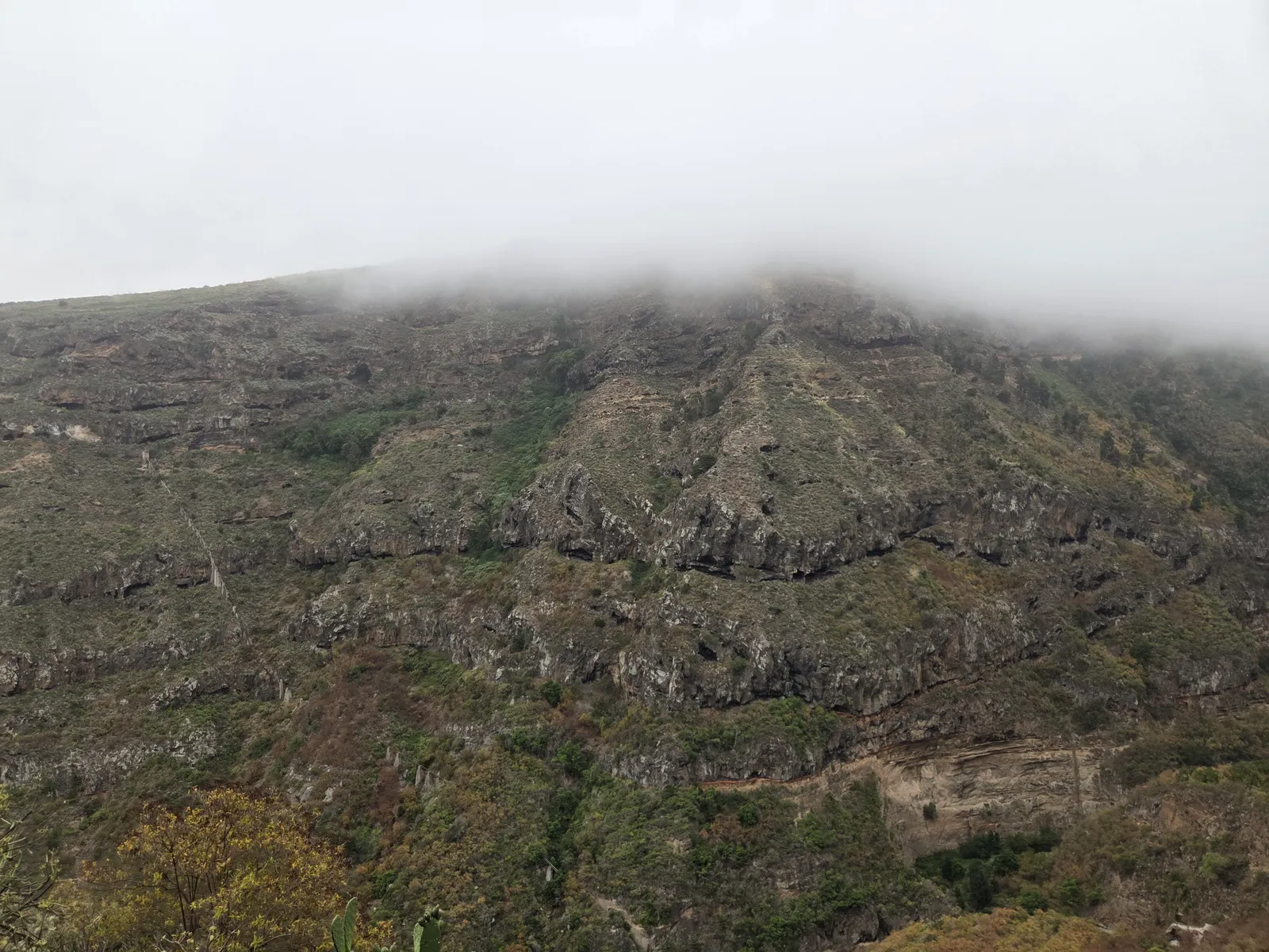 Steep rocky slopes of Barranco de Ruiz with vegetation and low cloud along the ridge
