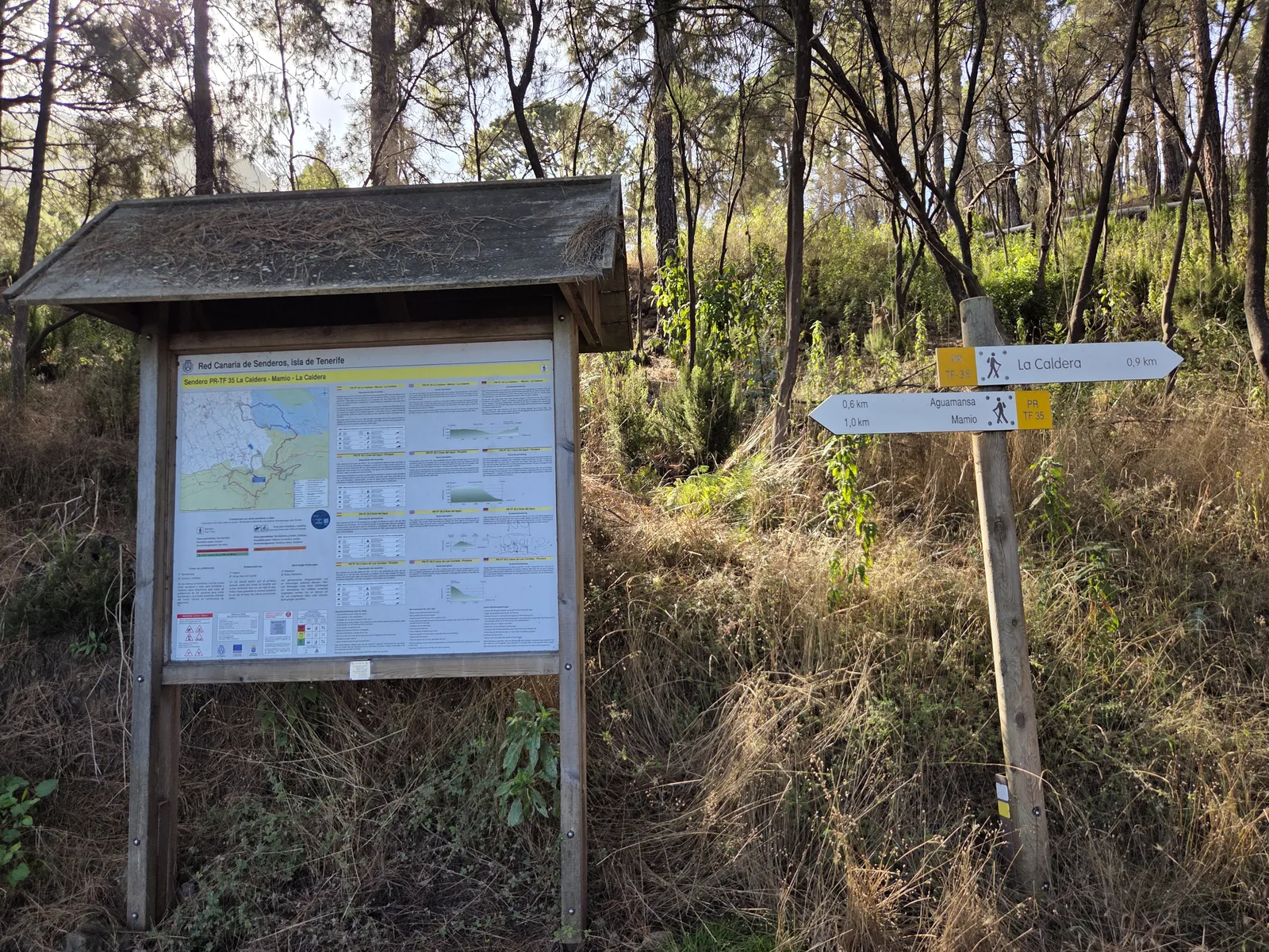 PR-TF 35 information board and directional signs for La Caldera, Aguamansa and Mamio