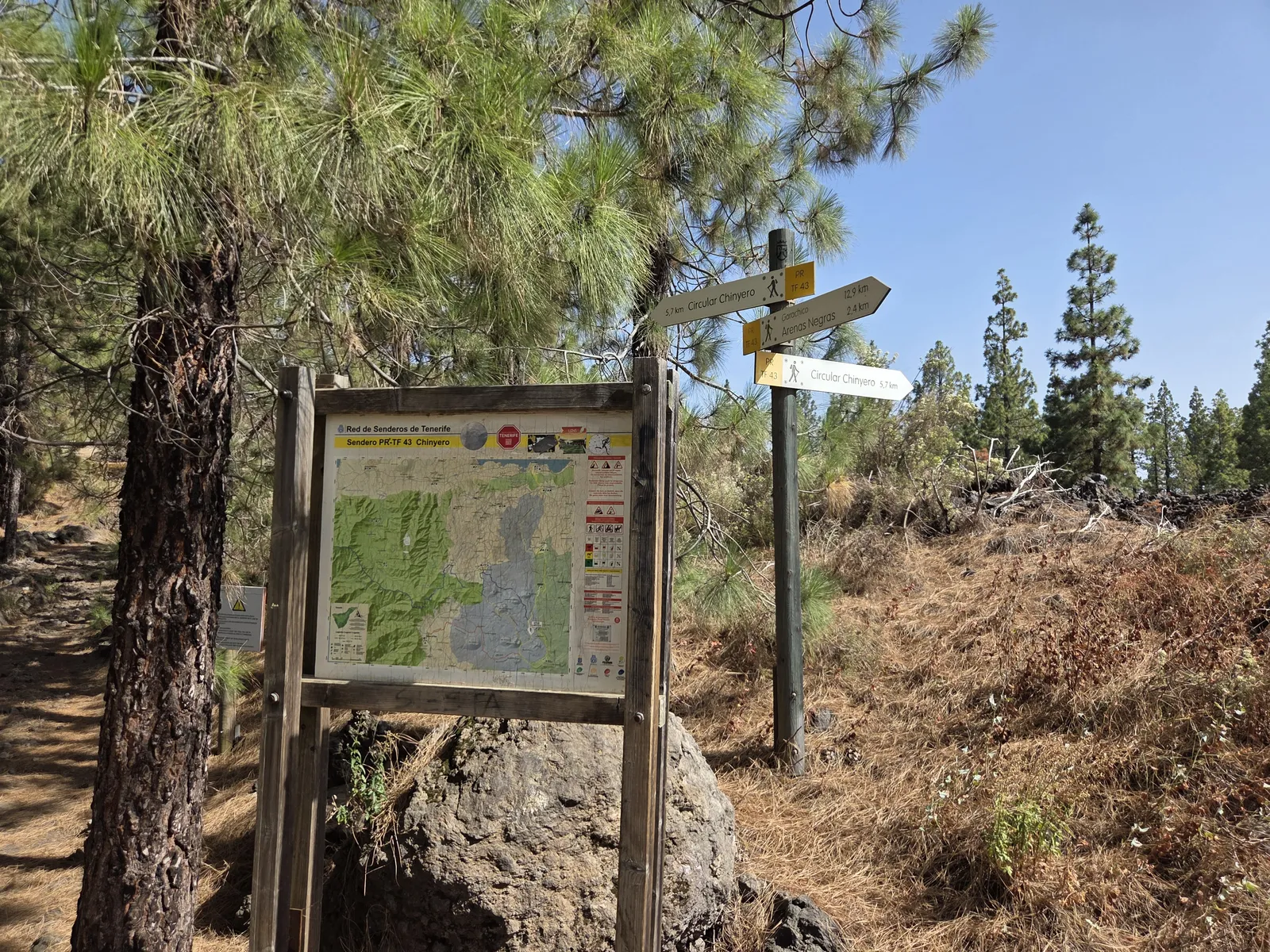 PR-TF 43 trail map and signposts showing the 5.7-kilometre Circular Chinyero in both directions