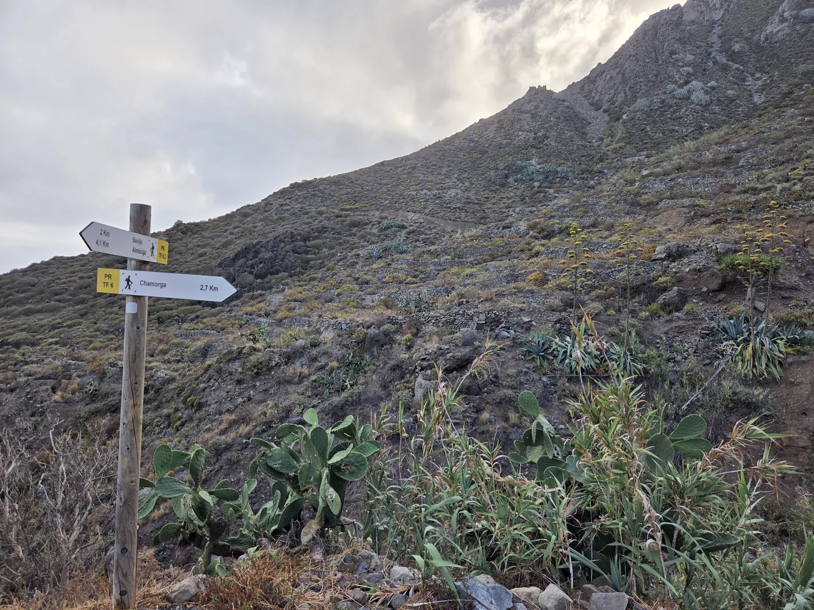 Trail junction sign indicating Chamorga 2.7 kilometres away on PR-TF 6