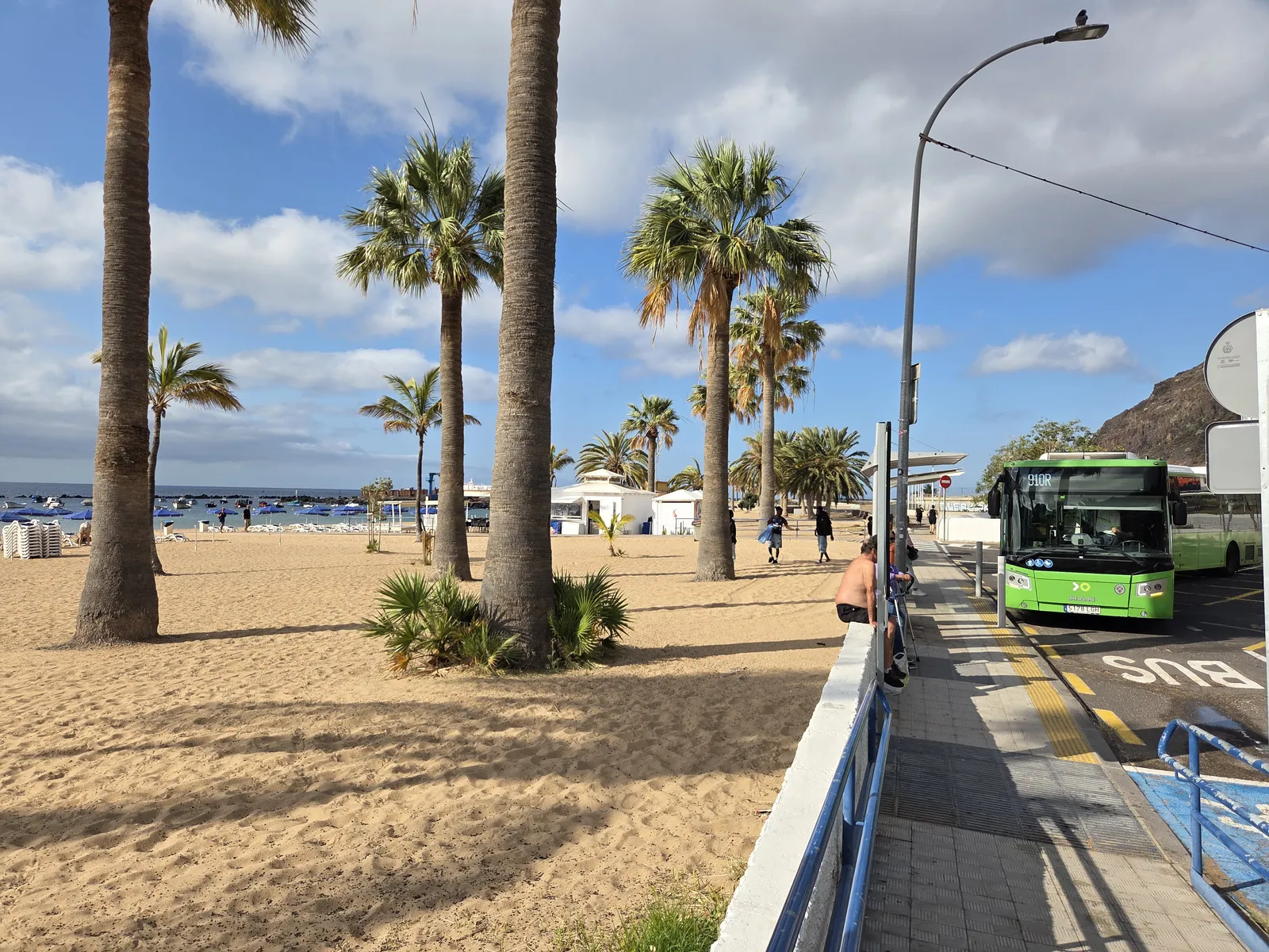 Green TITSA bus at a roadside stop beside the palm-lined sand of Las Teresitas